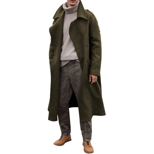 LHIRLE Men's Oversized Notched Long Faux Wool Blend Trench Coat Single Breasted Knee Length Lapel Winter Jacket